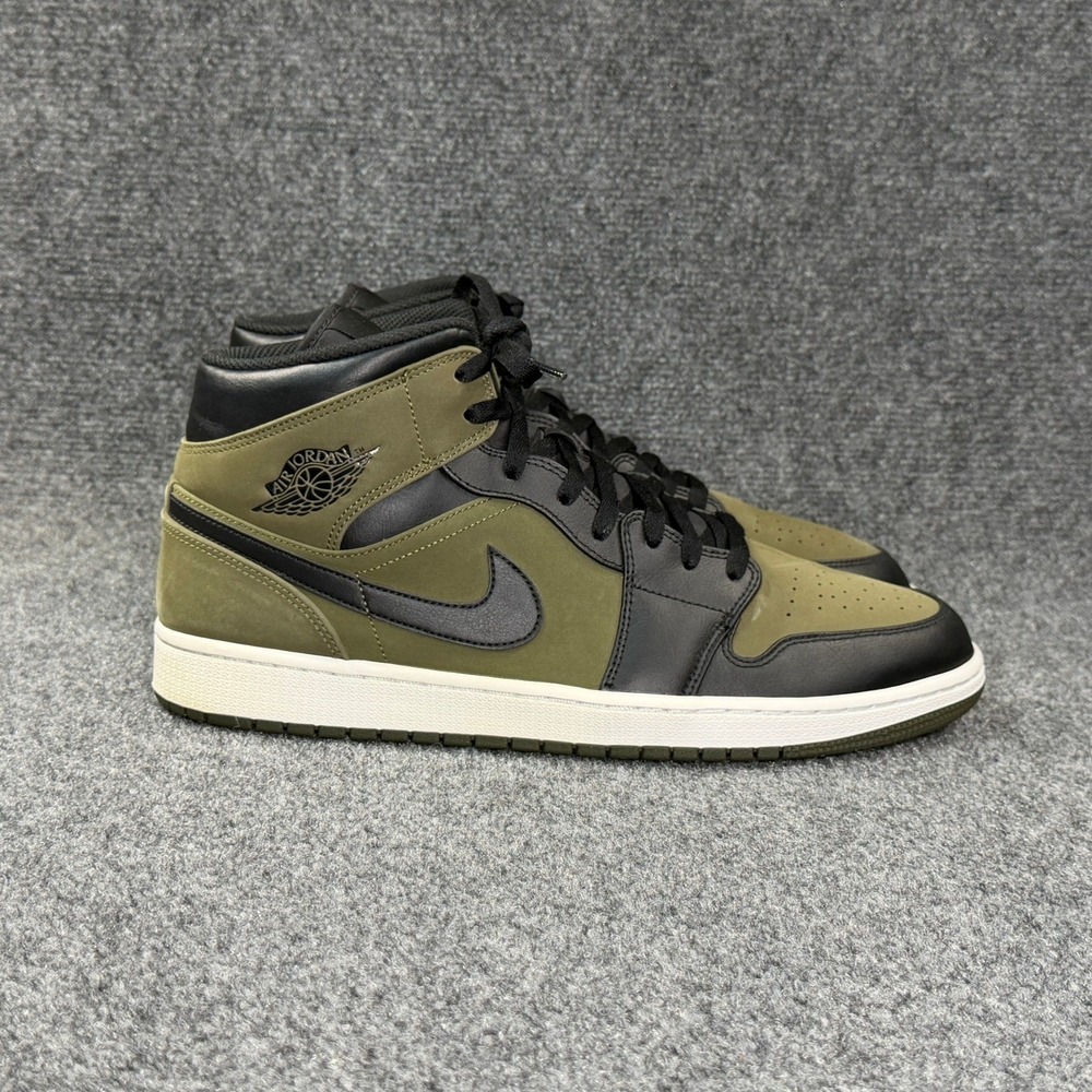 Jordan 1 Mid Shoes Men's 13 Olive Canvas Green Black Retro Athletic Sneakers